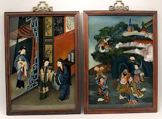 (2) DECORATIVE CHINESE REVERSE PAINTINGS ON GLASS