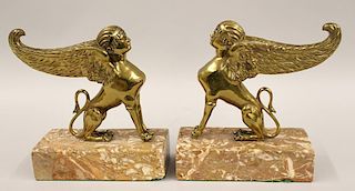 PAIR OF FRENCH BRONZE SPHINXES, MARBLE BASE