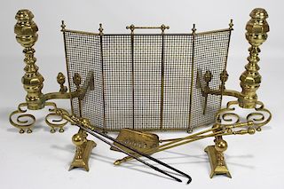 (on 9) SUITE OF BRASS FIREPLACE EQUIPMENT