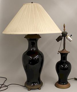 (2) CHINESE-STYLE BLACK GLASS TABLE LAMPS