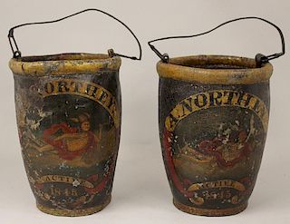 PAIR OF NEW ENGLAND LEATHER FIRE BUCKETS