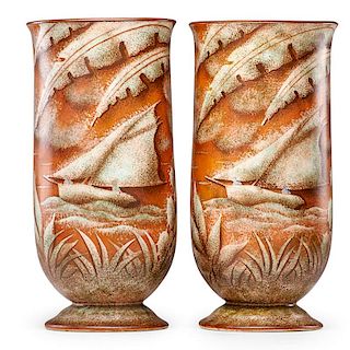 CHARLES CATTEAU Pair of urns with sailboats