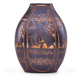 CHARLES CATTEAU Grès Keramis vase with crows