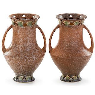 ROSEVILLE Two 9" tan Ferella vases