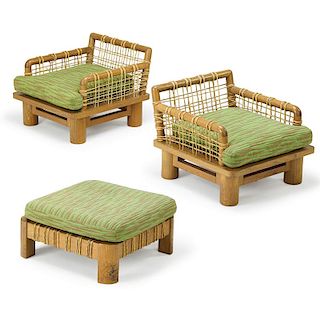 KARL SPRINGER Two lounge chairs and ottoman/bench