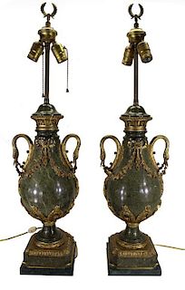 Pair, Antique French Marble/Bronze Urn Form Lamps