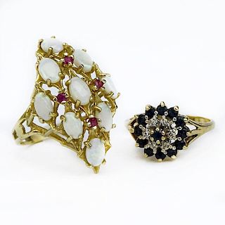 Vintage Oval Cabochon Opal, Ruby and 14 Karat Yellow Gold Cluster Ring together with Vintage Sapphire, Diamond and 14 Karat Y