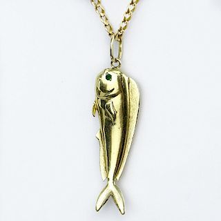 Vintage Heavy 14 Karat Yellow Gold Fish Pendant Necklace with Emerald Accents.