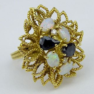 Vintage Oval Cabochon Opal, Sapphire, Diamond and 18 Karat Yellow Gold Ring.