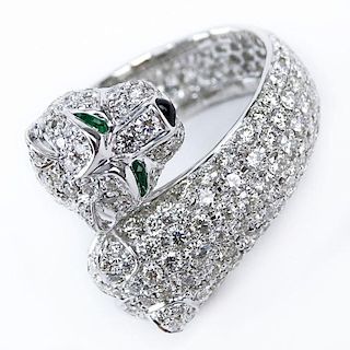 Cartier style Approx. 6.08 Carat Micro Pave Set Round Brilliant Cut Diamond and 18 Karat White Gold Panther Ring with Emerald