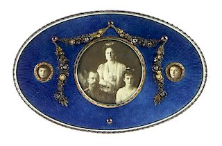Early 20th Century Russian Silver and Gold Mounted Enamel Easel Photo Frame with Ivory Backing and Inset Cabochon Rubies. Sig
