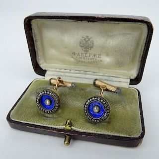 Antique Russian Faberge Rose Cut Diamond, Cabochon Moonstone, Enamel and 14 Karat Rose Gold Cufflinks in Fitted Box signed ??