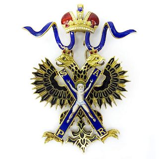 Rare Circa 1896-1904 Imperial Russian, St. Petersburg 56 Gold (14K) and Enamel Sash Badge of the Order of Saint Andrew the Fi
