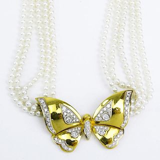 Vintage Round Brilliant Cut Diamond, 18 Karat Yellow Gold and Five (5) Strand Pearl Pendant Necklace.