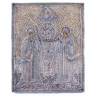 Russian Icon of Christ Flanked by Two Saints (Trinity), in 84 Silver Heavy Filigree Frame.