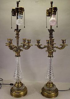 (2) Four Arm Bronze/Glass Candelabra Form Lamps