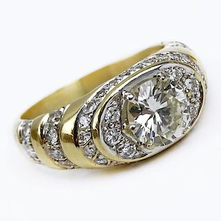 Man's Vintage Approx. 1.95 Carat Round Brilliant Cut Diamond and 18 Karat Yellow Gold Ring accented throughout with Approx. 2