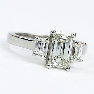 Approx. 2.35 Carat TW Emerald Cut Diamond and Platinum Engagement Ring.