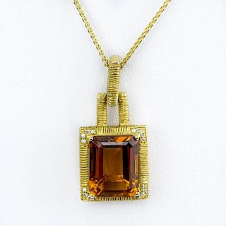 Large Gem Quality Citrine and 18 Karat Yellow Gold Pendant Necklace with Small Diamond Accents.