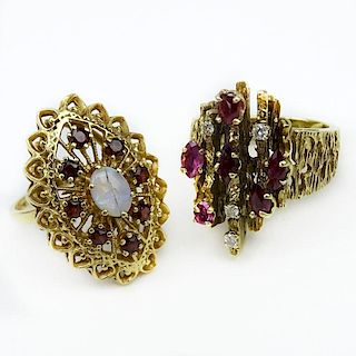 Vintage Six (6) Oval Cut Ruby, Diamond and 14 Karat Yellow Gold Cluster Ring together with Vintage Ruby, Opal and 14 Karat Ye