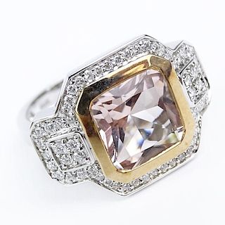 Fine Quality Square Cut Morganite, Diamond and 18 Karat White and Pink Gold Ring.