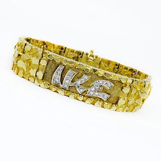 Vintage Diamond and Heavy 14 Karat Yellow Gold Nugget style ID Bracelet "IKE".