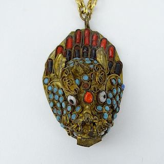 Vintage Chinese Gilt Metal and Enamel Dragon Pendant on Gold Filled Chain.