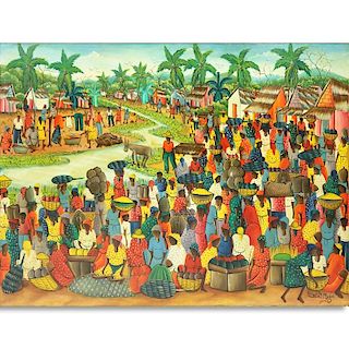 Alfred J. Michel, Haitian (20th C.) Oil on Canvas "Marketplace Scene"
