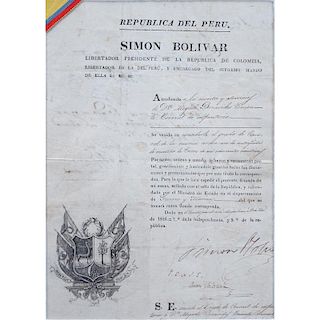 Simon Bolivar (1783 - 1830) Document Signed as "Libertador Presidente de la Republica de Colombia, Libertador de la Del Peru"