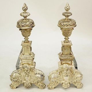 Pair of Antique Georgian Silvered Bronze Andirons. Heavy Ornate scroll and acanthus leaves motifs, rosettes, drapes, and hair