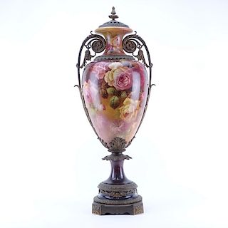 Large Victorian Hand Painted Metal Mounted Porcelain Urn.