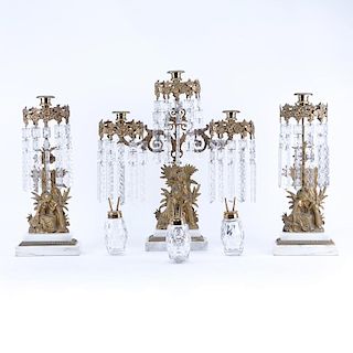 Antique Gilt Brass and Hanging Crystal Three Arm Figural Lamp with Candlesticks Set. Includes three oil canisters.