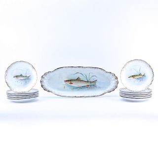 Thirteen (13) Pc. Antique Limoges Transfer and Gilt Porcelain Fish Set.