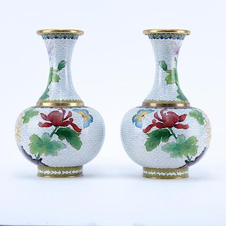 Pair Vintage Chinese Brass and Cloisonne Vases. Flower and butterfly motif. One with label. Light wear. Measures 10-1/4" H. S