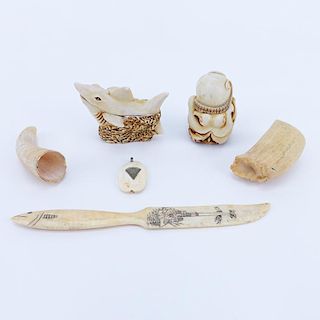Collection of Six (6) Scrimshaw, Tooth and Bone Objects. Includes 2 figural boxes, 2 whales teeth, letter opened and pendant.