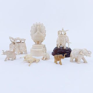 Collection of Nine (9) Carved Ivory Animals. Includes elephants, bird, horse, foo lion.