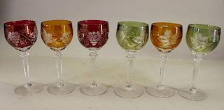 (6) Multi-Colored Cut Glass Goblets