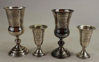 (4) Engraved Judaica Cups. Sterling Silver