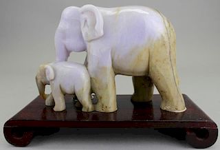2 Carved Jade Elephants on Stand
