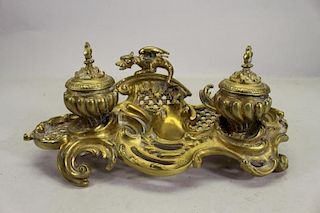 Antique French Gilt Bronze Griffin Inkwell