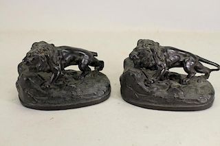 Pair, Mixed Metal Lions on Bronze Base