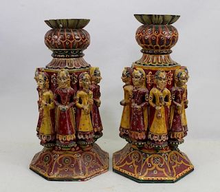 Pair of Wooden Carved Indian Candlesticks