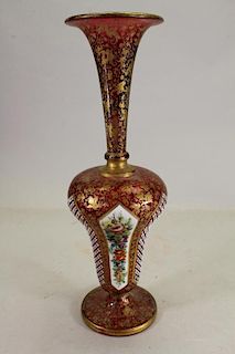 Bohemian Gilt Cranberry Glass Vase