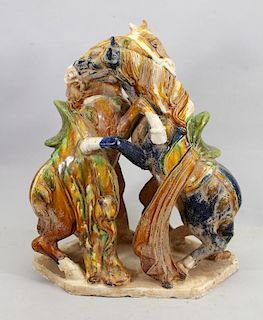 Chinese Glazed Pottery Fighting Horses