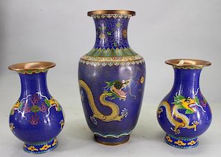 (3) Chinese Cloisonne Vases, Blue Ground