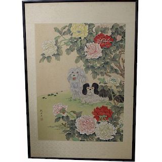 Chinese School, Dogs in Wildflowers, Signed