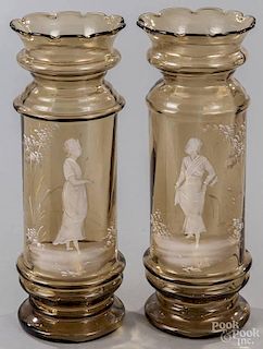 Pair of Mary Gregory enamel decorated glass vases, 11'' h.