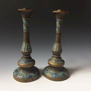 A PAIR CHINESE ANTIQUE CLOISONNE ENAMEL CANDEL HOLDER, 19TH