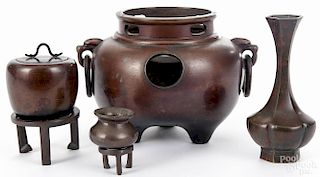 Four Japanese patinated bronze vessels, probably Meiji period, censor - 4 3/4'' h., 7'' w.