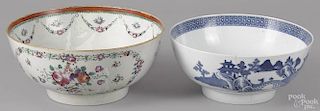 Chinese export famille rose bowl, ca. 1800, 5'' h., 11 1/4'' dia., together with a blue and white bowl